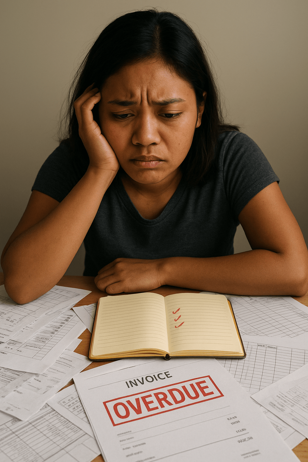 Stressed property owner dealing with paperwork and overdue invoices